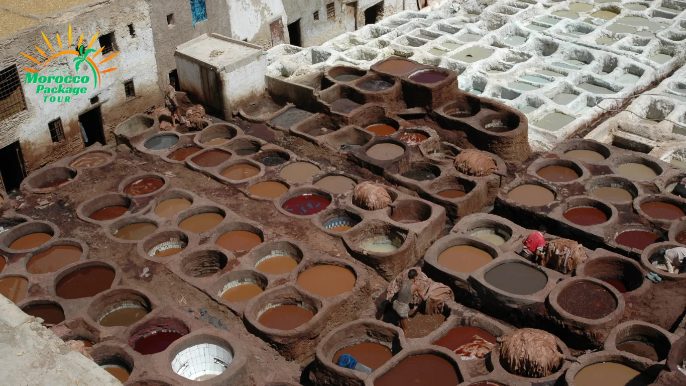 Traditional leather tanning pits in Fez, a must-see during 1 week in Morocco.