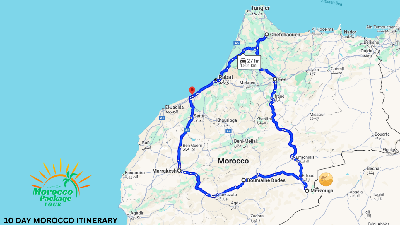 Map showing a 10 Day Morocco Itinerary with routes from Casablanca to Chefchaouen, Fes, Merzouga, Boumalne Dades, and Marrakech.