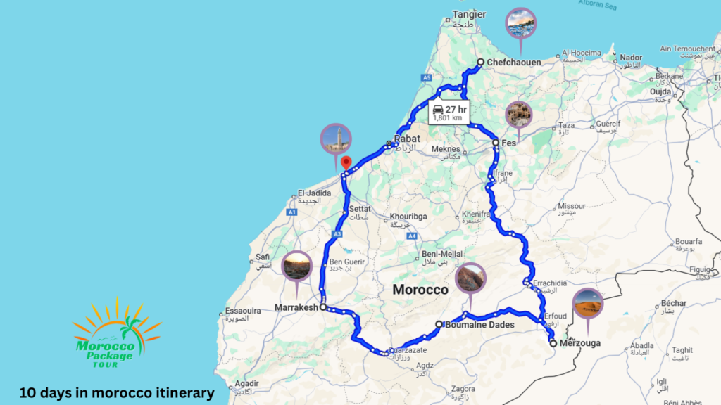 Map showing a 10 days in Morocco itinerary with scenic route through Casablanca, Chefchaouen, Fes, Merzouga, Boumalne Dades, and Marrakech.