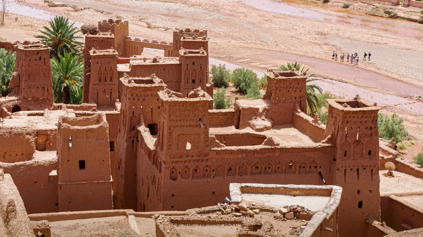 A view of the fortified Ait Ben Haddou Kasbah, a UNESCO World Heritage site, visited during the 3 day desert tour from Fes to Marrakech.