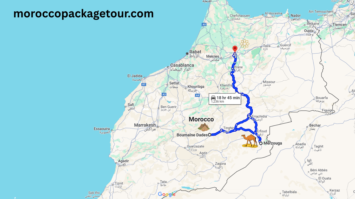 Map of Morocco showing the route of the 4 Days Fes to Merzouga Desert Tour with icons for Merzouga camel, Dades Valley, and scenic stops.