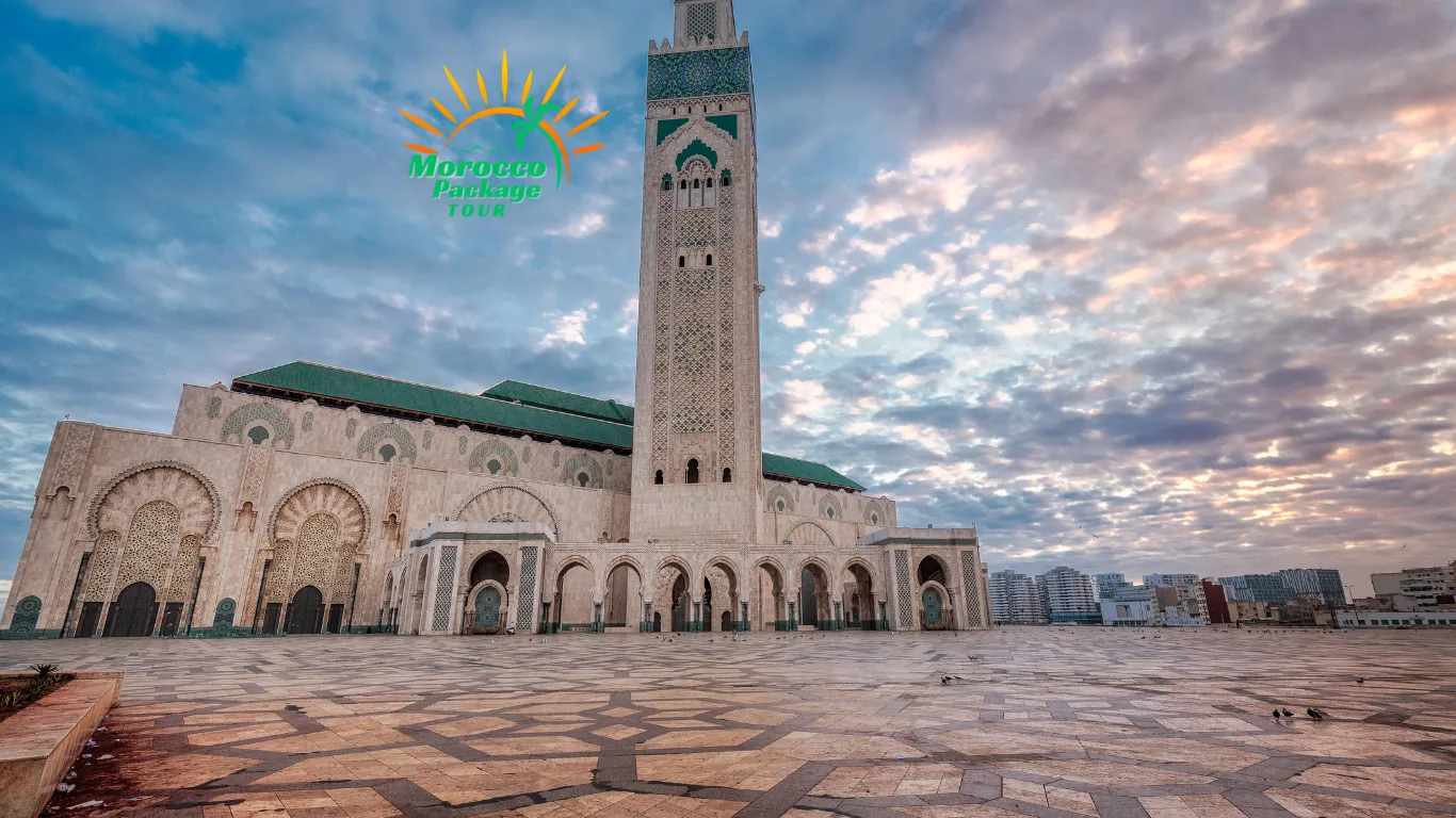 Hassan II Mosque in Casablanca at sunrise, a must-visit destination during 8 Days in Morocco.