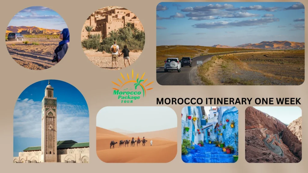 A collage of highlights from a Morocco itinerary one week, including desert landscapes, historic architecture, mountain roads, and blue city streets.