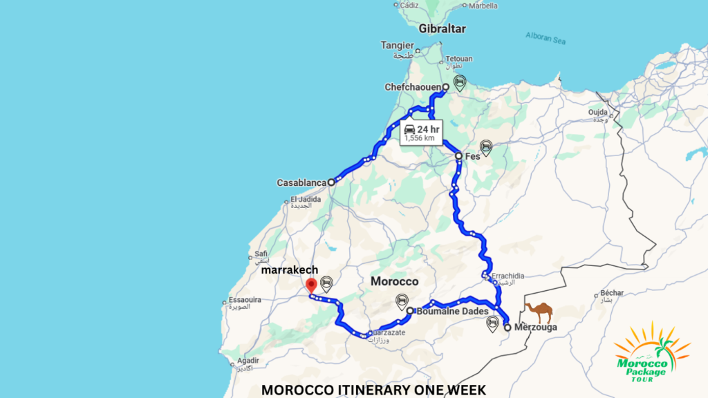 Route map for Morocco Itinerary One Week, covering Casablanca, Chefchaouen, Fes, Merzouga, Boumalne Dades, and ending in Marrakech.