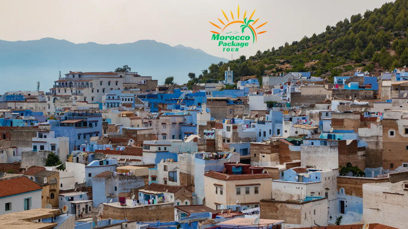 A panoramic view of the blue-painted town of Chefchaouen, an essential stop on a Morocco 8 Day Itinerary.