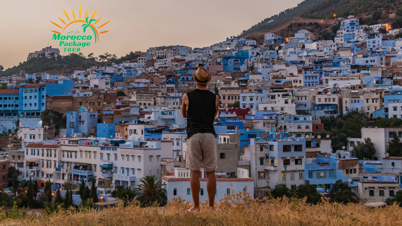 Traveler overlooking the blue city of Chefchaouen at sunset during a Morocco in 5 days itinerary.