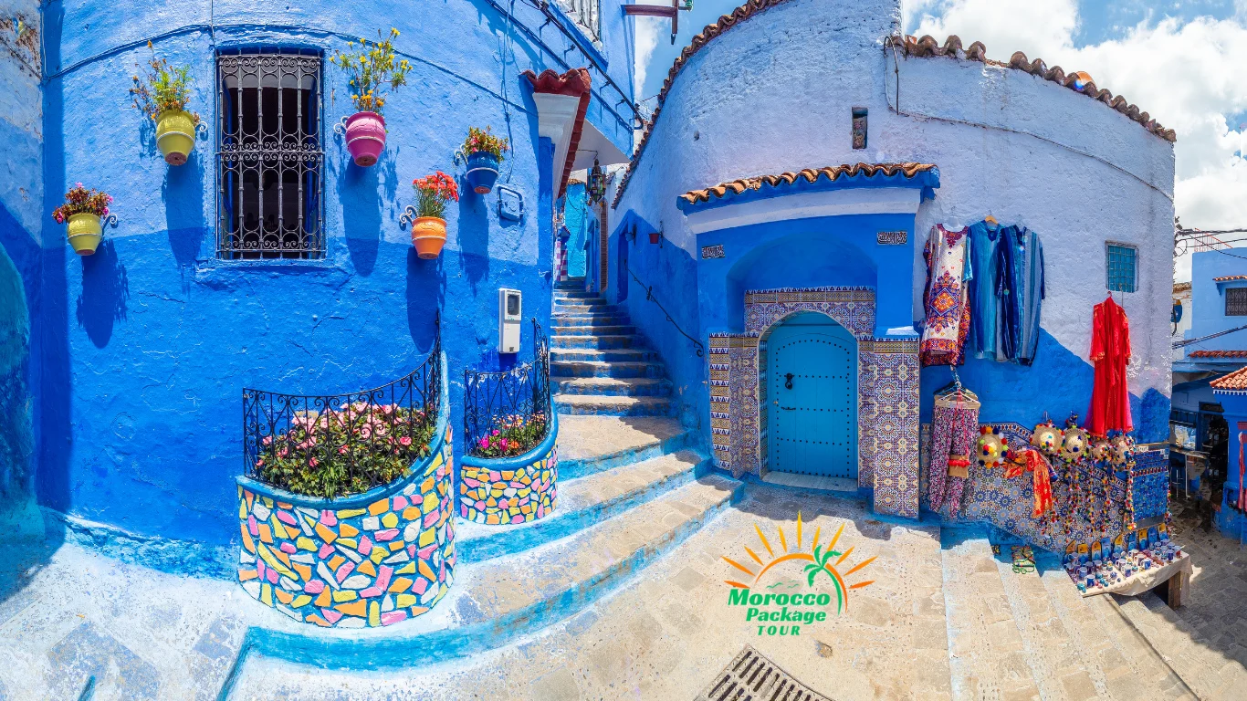 Colorful blue alley with traditional Moroccan decor in Chefchaouen – featured stop in a Morocco Itinerary 7 Days.