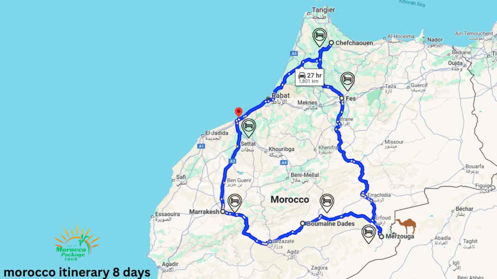 Map route of morocco itinerary 8 days including Tangier, Chefchaouen, Fes, Merzouga, Boumalne Dades, Marrakech, and Casablanca.