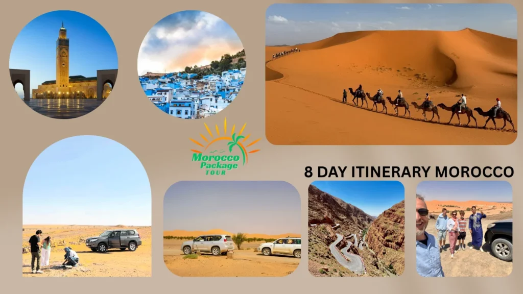 Map showing a complete morocco itinerary 8 days route through top destinations including Fes, Merzouga, Boumalne Dades, Marrakech, and Casablanca.