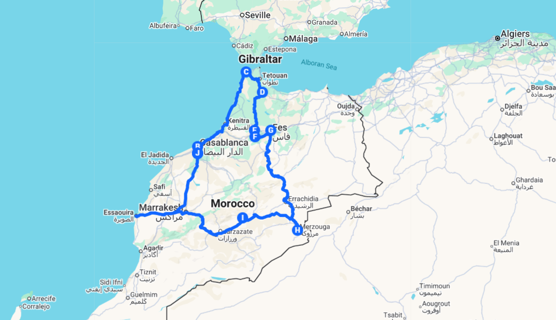 Route map showing a circular 12 DAYS TOUR FROM CASABLANCA, passing through major cities including Chefchaouen, Fes, Merzouga, Ouarzazate, and Marrakech.