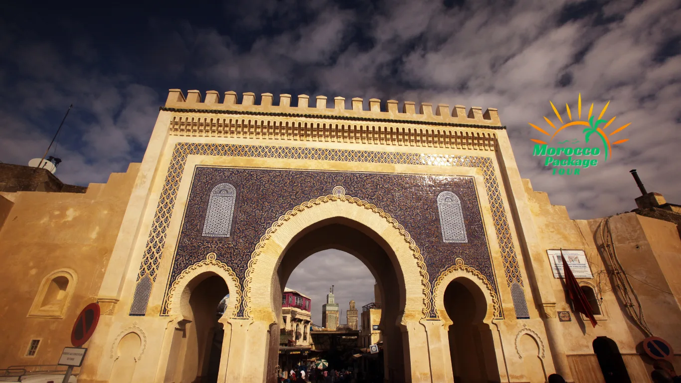 Bab Boujloud gate in Fes, Morocco, under a dramatic sky – an iconic stop on a 12 days in Morocco itinerary.