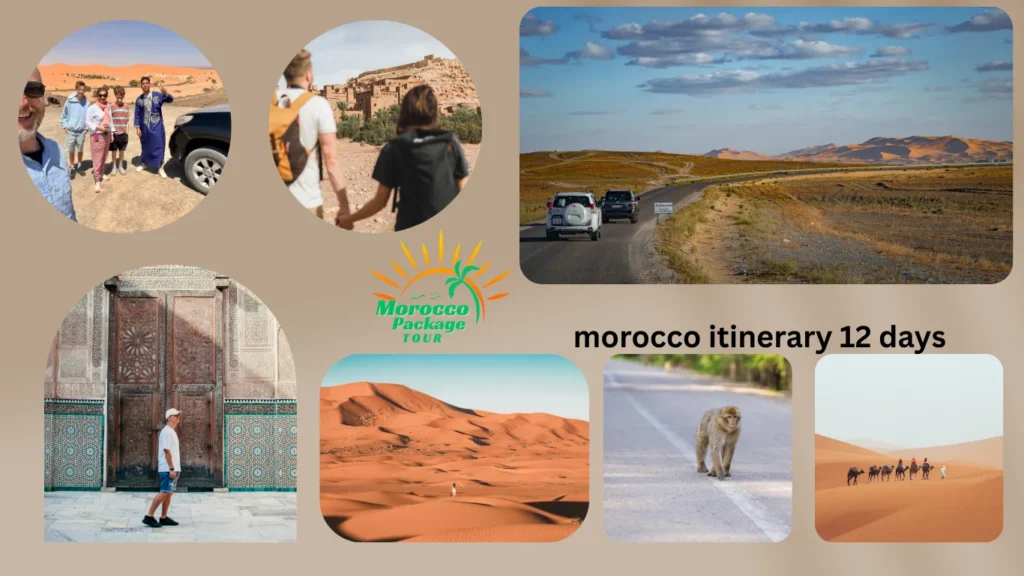 Collage of photos from a morocco 12 day itinerary, featuring desert tours, historic sites, road trips, traditional architecture, monkeys in the Middle Atlas, and camel rides in the Sahara.