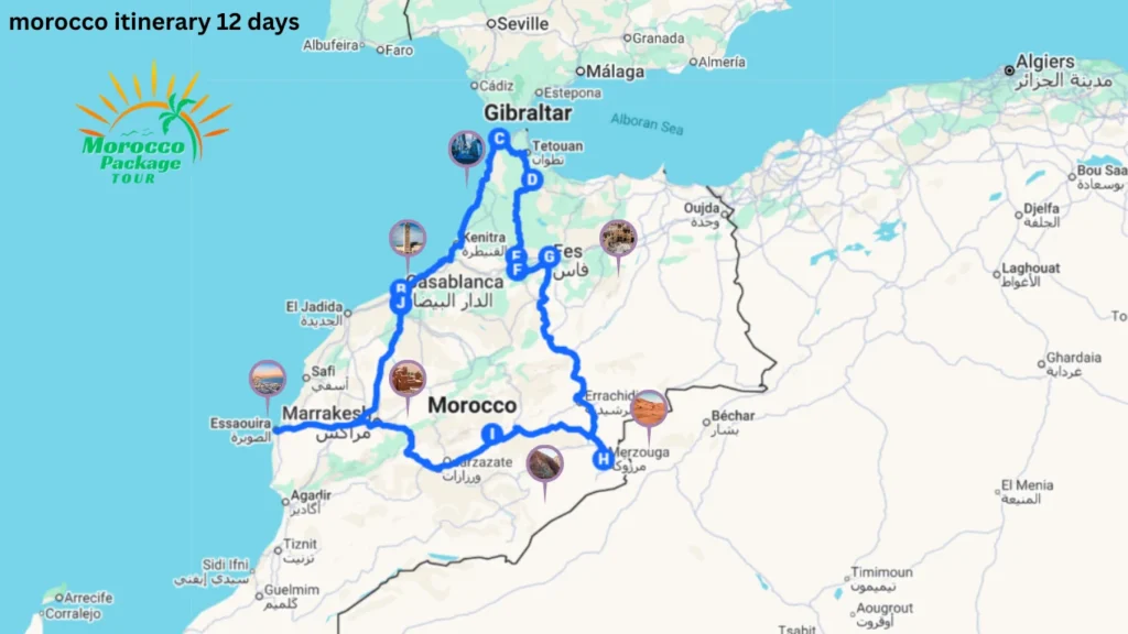 Detailed map showing a morocco itinerary 12 days route, starting from Casablanca and covering destinations like Chefchaouen, Fes, Merzouga, Ouarzazate, and Marrakech, with icons representing highlights of each location.