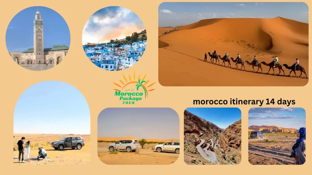 Collage of highlights from a morocco itinerary 14 days, featuring Casablanca mosque, Chefchaouen, Sahara desert camels, 4x4 desert tours, mountain roads, and ancient kasbahs.