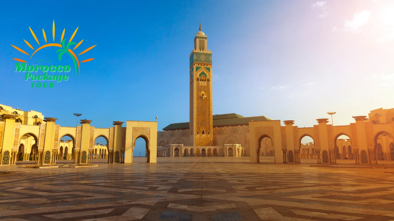 Hassan II Mosque in Casablanca at sunrise, showcasing intricate Moroccan architecture — ideal for exploring with Morocco expert tours.