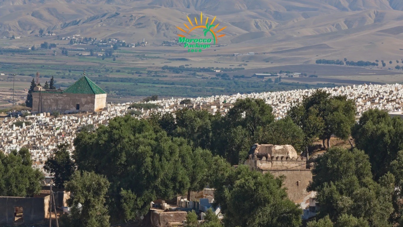 Panoramic view of a historic cemetery and green-roofed shrine in Morocco, part of a two week Morocco itinerary.