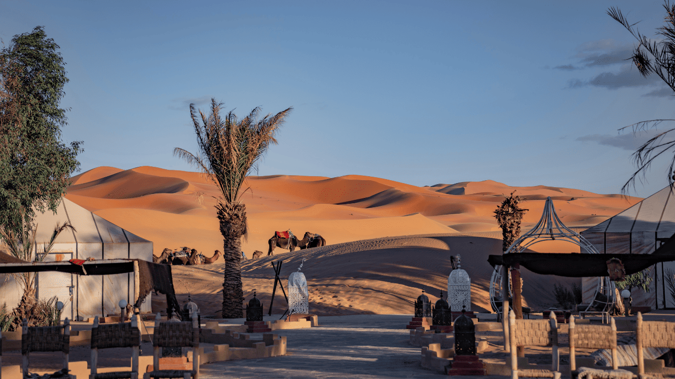 Marrakech itinerary 5 days – Camel caravan crossing golden Sahara dunes with luxury desert camp in the foreground.