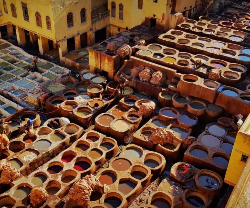 Fes Leather Tannery – Fes to Marrakech Desert Tour 4 Days Traditional leather tannery in Fes, Morocco a must-see on the Fes to Marrakech desert tour 4 days itinerary.