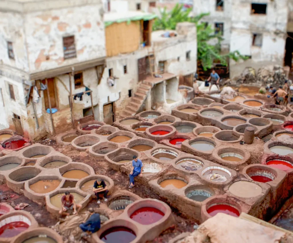 Fes Tanneries – Cultural Stop on Morocco Tours 5 Days Traditional leather tanneries in Fes, a cultural highlight of Morocco tours 5 days